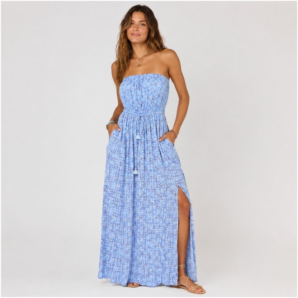 Poupette St Barth Boho Maxi Dress Womens S Blue Slit Front Tube Top Resort